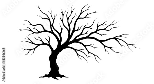 A silhouette of a bare tree, rendered as a vector graphic, stands isolated against a clean white background, perfect for design and adding a touch of nature.