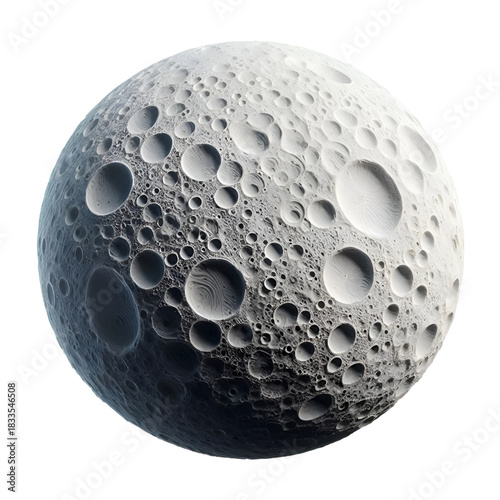 A spherical object resembling the moon with clear three-dimensional details, filled with deep craters and realistic shadows. An artistic design showcasing a fictional lunar surface with fine texture a
