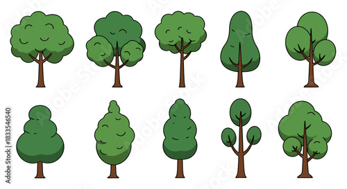A collection of assorted trees in a vector format, showcasing various shapes and styles suitable for graphic design projects and nature-themed illustrations.