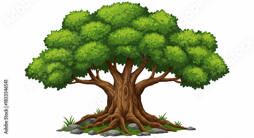 A vibrant vector illustration showcases a lush green tree with a sturdy trunk and sprawling roots, set against a clean white background, perfect for various design applications.