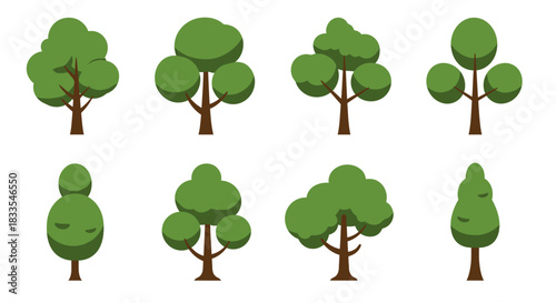 An assortment of stylized green trees, presented as isolated vector illustrations, suitable for web design, apps, and educational materials.