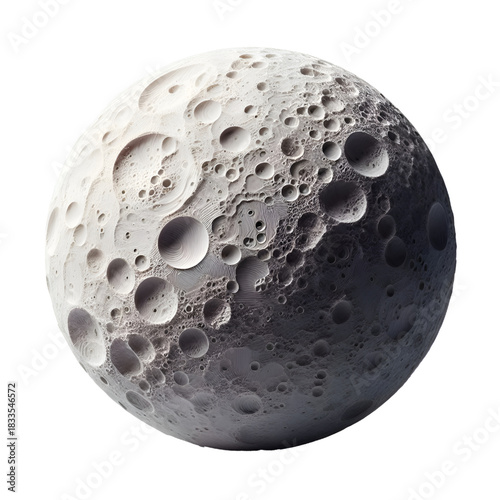 A spherical object resembling the moon with clear three-dimensional details, filled with deep craters and realistic shadows. An artistic design showcasing a fictional lunar surface with fine texture a