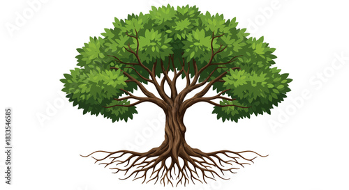 This vibrant green tree with strong visible roots is presented as a clean vector illustration, perfect for various graphic design projects.