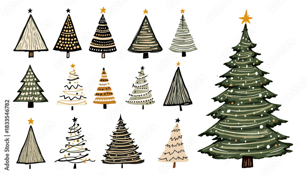 Obraz premium A collection of hand-drawn Christmas tree illustrations in various styles, perfect for holiday-themed designs, available as a vector png file for easy use and customization.