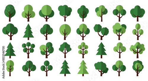 A diverse collection of stylized green trees and evergreen conifers rendered in a modern flat design vector art style, perfect for digital projects.