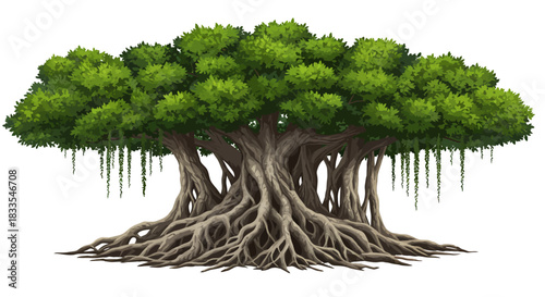 Detailed vector illustration of a large, mature banyan tree with intricate root systems and lush green foliage, isolated on a white background for versatile use.