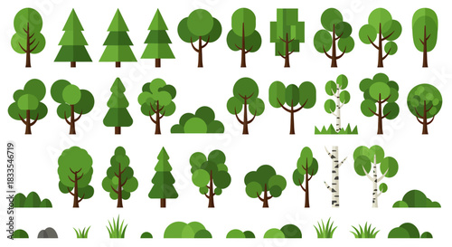 A vibrant collection of isolated flat design vector trees, bushes, and grass elements provides versatile graphic resources for digital projects.