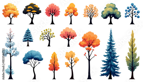 A set of vector illustrations showcases various tree types with colorful foliage, perfect for enriching nature-themed designs and adding a touch of organic beauty.
