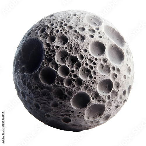 A spherical object resembling the moon with clear three-dimensional details, filled with deep craters and realistic shadows. An artistic design showcasing a fictional lunar surface with fine texture a
