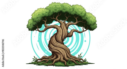 Isolated vector illustration of a majestic, ancient tree with a thick, gnarled trunk and lush green foliage, set against a simple blue circular background.