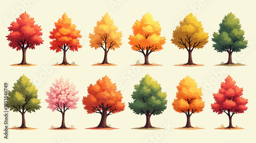 A diverse collection of stylized trees in varying colors, presented as a vector graphic, ideal for designs requiring natural elements and seasonal themes.