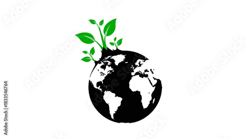 Vector illustration of black and white globe icon with vibrant green sprout growing from the top, isolated on transparent background
