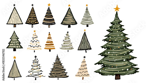 A collection of hand-drawn Christmas tree illustrations in various styles, perfect for holiday-themed designs, available as a vector png file for easy use and customization.