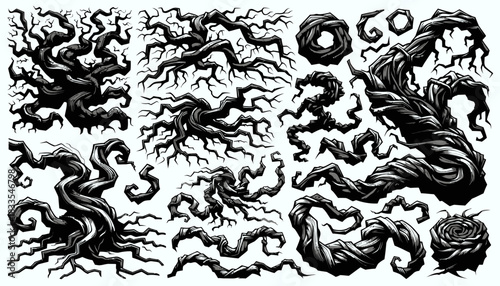 A collection of detailed, black and white vector illustrations of various stylized tree branches and elements, perfect for design projects and adding a touch of nature.