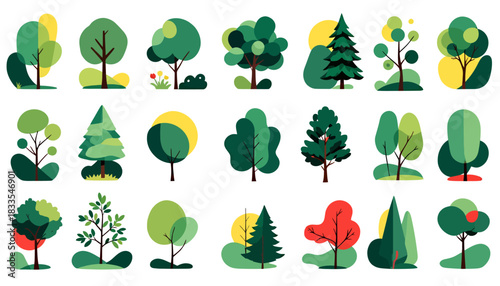 A charming collection of diverse stylized trees rendered in a modern flat vector design, perfect as isolated graphic elements for various digital projects.