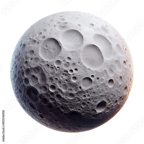 A spherical object resembling the moon with clear three-dimensional details, filled with deep craters and realistic shadows. An artistic design showcasing a fictional lunar surface with fine texture a