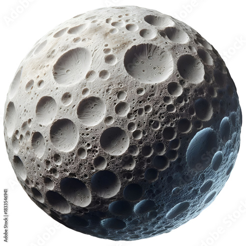 A spherical object resembling the moon with clear three-dimensional details, filled with deep craters and realistic shadows. An artistic design showcasing a fictional lunar surface with fine texture a