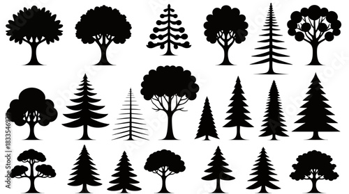 A collection of various stylized tree silhouettes in black, perfect for design elements, logos, and illustrating nature-themed projects, available as a vector and PNG for versatile use.