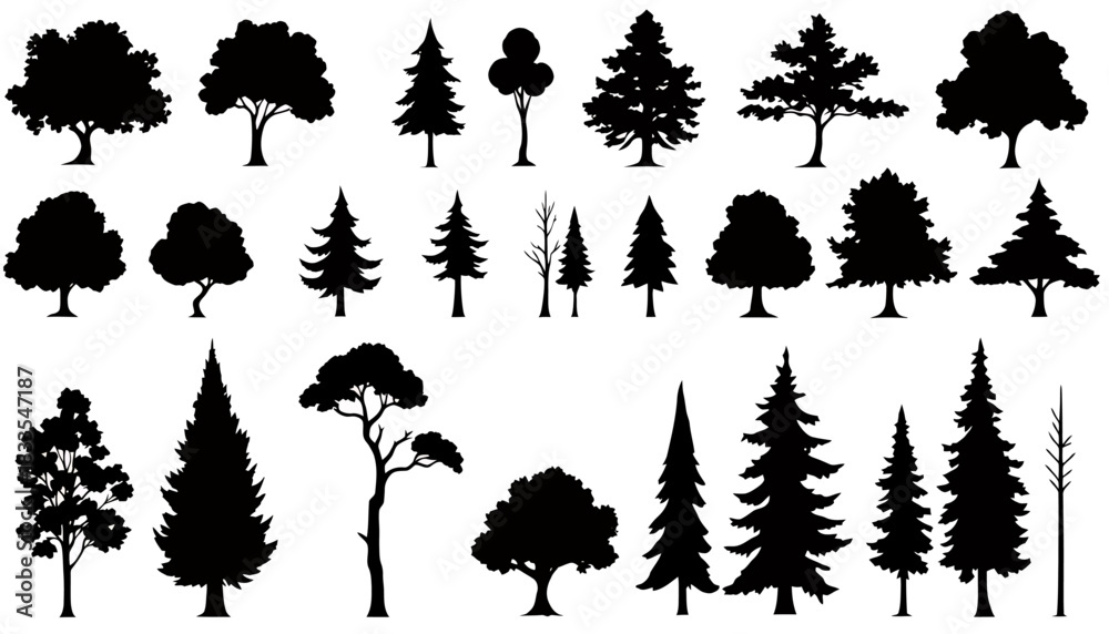 Fototapeta premium A collection of various tree silhouettes in vector format, perfect for design projects, offering diverse shapes and styles for creative applications and visual enhancements.