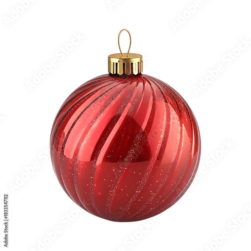 Shiny red Christmas glass sphere ornament isolated on white for winter holiday decoration