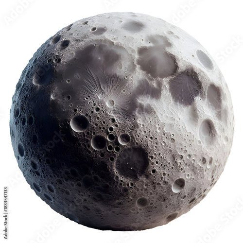 A spherical object resembling the moon with clear three-dimensional details, filled with deep craters and realistic shadows. An artistic design showcasing a fictional lunar surface with fine texture a