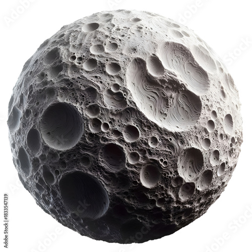 A spherical object resembling the moon with clear three-dimensional details, filled with deep craters and realistic shadows. An artistic design showcasing a fictional lunar surface with fine texture a