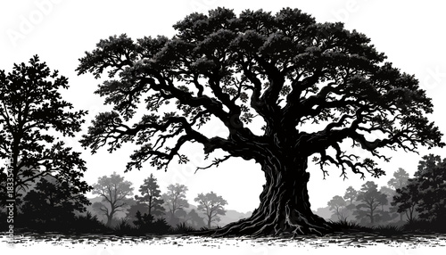 A majestic old oak tree stands prominently in a detailed black and white vector illustration, perfect for nature-themed graphic design projects.