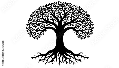 Silhouette of a flourishing tree with intricate roots and branches, presented as a clean vector graphic suitable for various design applications and projects.