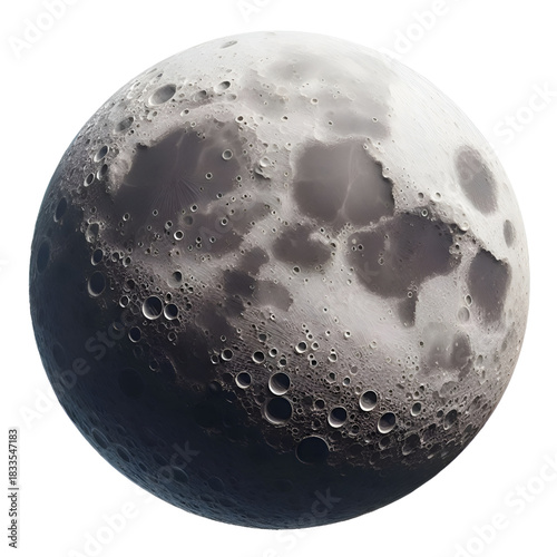 A spherical object resembling the moon with clear three-dimensional details, filled with deep craters and realistic shadows. An artistic design showcasing a fictional lunar surface with fine texture a