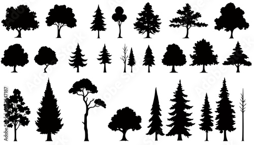 A collection of various tree silhouettes in vector format, perfect for design projects, offering diverse shapes and styles for creative applications and visual enhancements.
