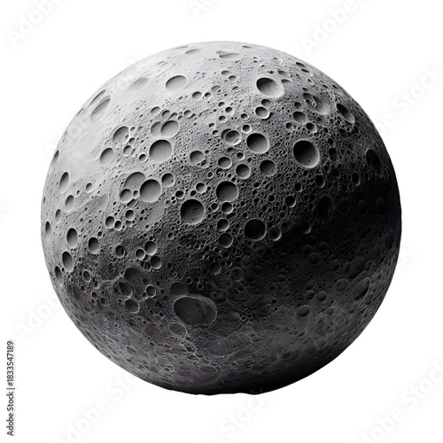 A spherical object resembling the moon with clear three-dimensional details, filled with deep craters and realistic shadows. An artistic design showcasing a fictional lunar surface with fine texture a