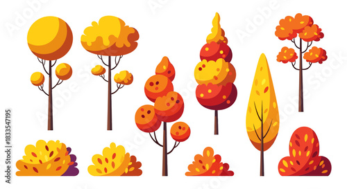 A collection of stylized autumn trees and bushes in various shapes and sizes, perfect for adding a touch of nature to your design projects or seasonal illustrations.