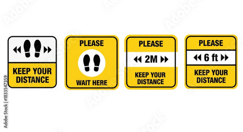 Social distancing signs keep your distance, wait here, and maintain 2 meters or 6 feet spacing