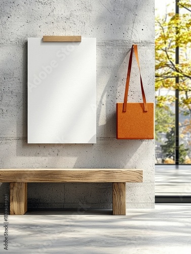 A blank white poster with a wooden frame and an orange bag hang on a concrete wall above a wooden bench. The scene is in a minimalist interior with natural ligh