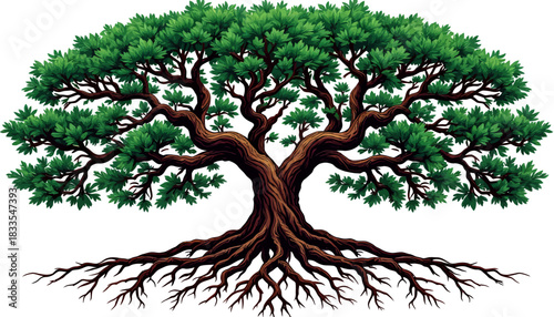 A detailed vector illustration of a lush, green tree with a sprawling root system, ideal for nature-themed designs, logos, and environmental projects, presented on a transparent PNG background.