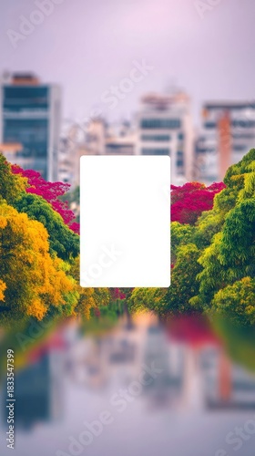 A blank screen or display is centered, framed by colorful trees and a blurred cityscape, creating a serene and tranquil atmosphere.