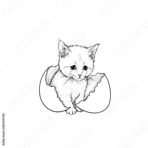 Kitten emerging from a cracked eggshell drawing.