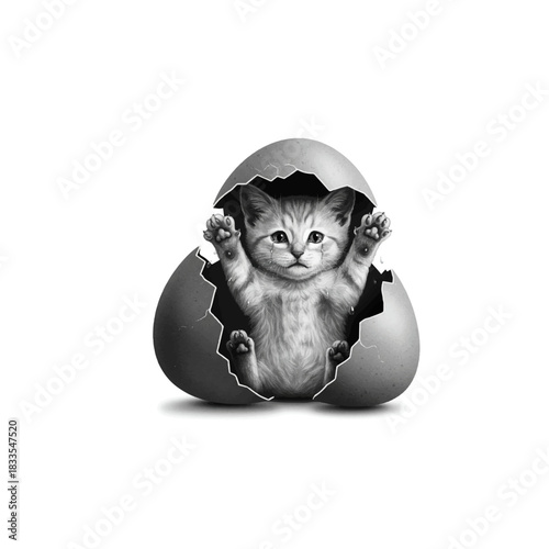 Kitten emerging from a cracked eggshell adorable feline surprise.