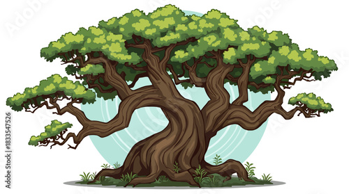 This vibrant vector illustration showcases a magnificent old tree with a sprawling canopy and sturdy trunk, perfect for nature-themed designs.