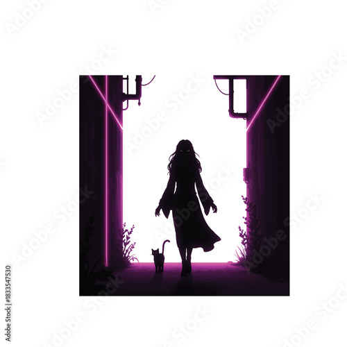 Mysterious Woman and Cat Silhouette in Neon Alley.
