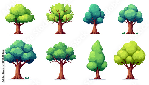 A vibrant collection of cartoon trees in various shapes and sizes, perfect for adding a touch of nature to any design project, featuring a clean, vector-based style.