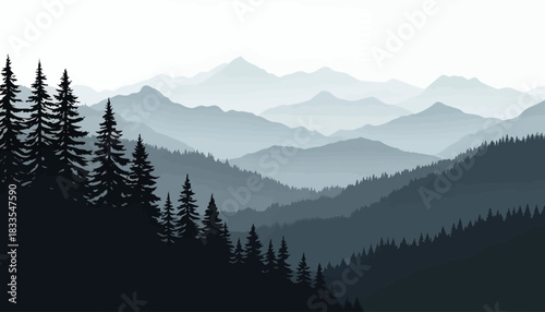 A beautiful vector illustration depicts a serene mountain landscape with layered peaks and silhouetted fir trees appearing through a soft, misty atmosphere.
