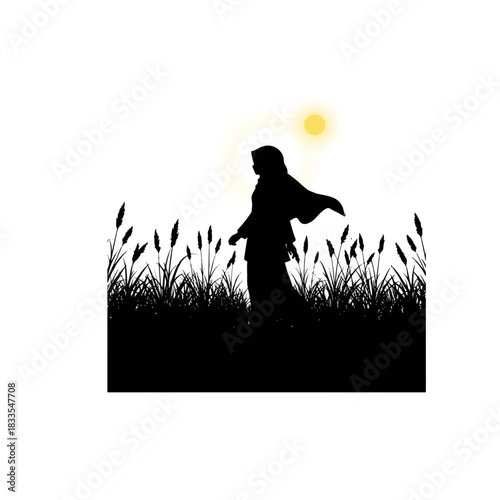 Silhouette of a woman walking through a field of tall grass under the sun.
