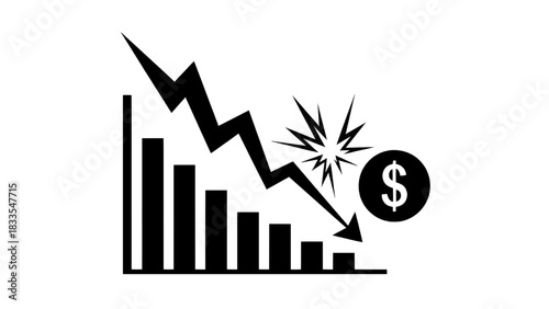 Vector illustration of black and white icon illustrating financial crash, market decline, and economic recession with a dollar sign isolated on transparent background