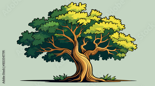 A stylized vector illustration of a lush, mature tree with vibrant green and yellow foliage, standing against a soft, neutral background, perfect for nature-themed designs.