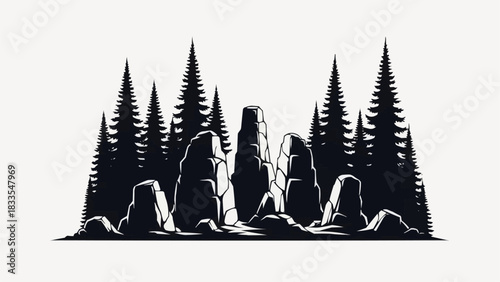 Black and white silhouette of ancient standing stones in a forest.