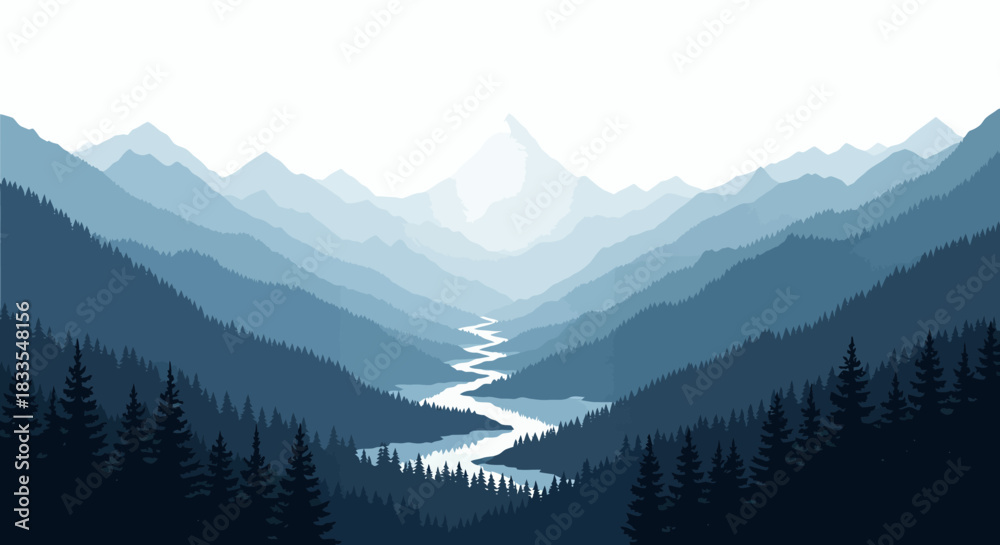 Fototapeta premium A serene vector illustration depicts a tranquil mountain landscape with layered blue hills, a winding river, and lush green trees, creating a peaceful nature scene.