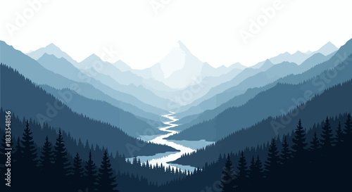 A serene vector illustration depicts a tranquil mountain landscape with layered blue hills, a winding river, and lush green trees, creating a peaceful nature scene.