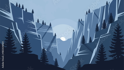 Majestic mountain landscape with towering cliffs and trees under a serene sky.