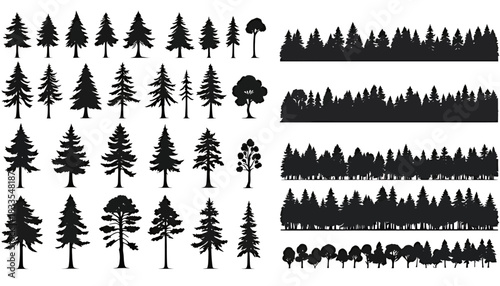 A collection of stylized black silhouette vector trees and forest elements, perfect for creating natural landscape designs and adding a touch of nature to any creative project.